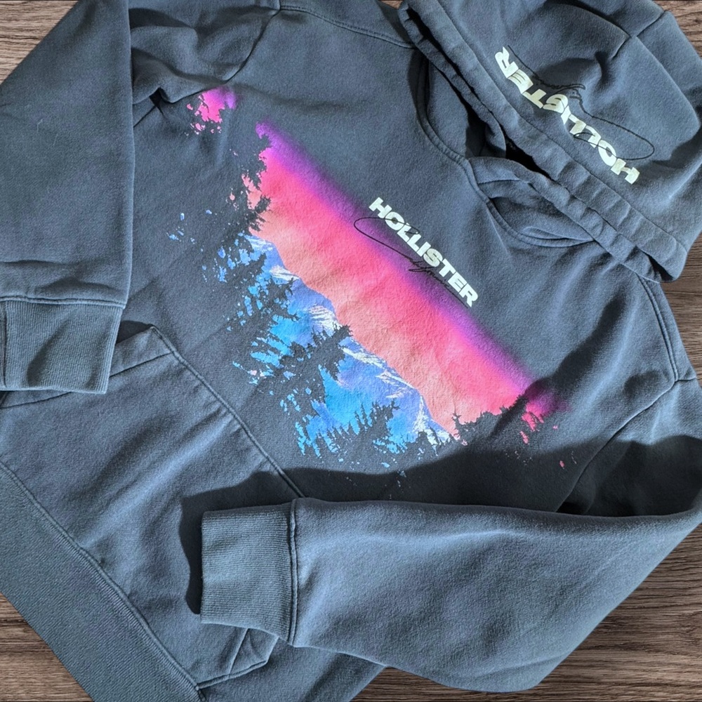 Hollister Y2K‎ Charcoal Blue Hoodie with Vibrant Pink and Blue Mountain Graphic